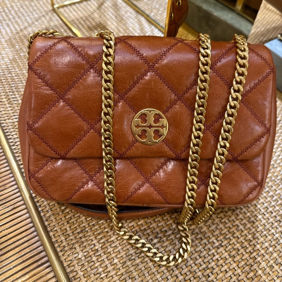 $595 Tory Burch‎ Quilted Shoulder Bag Dark Whiskey